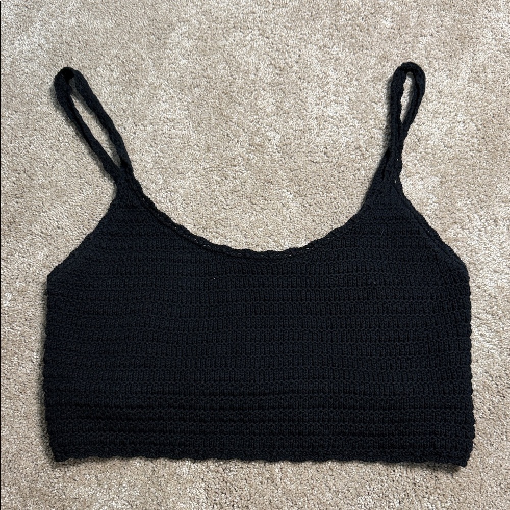 aerie beach Black Crocheted Spaghetti-Strap Cropped Camisole